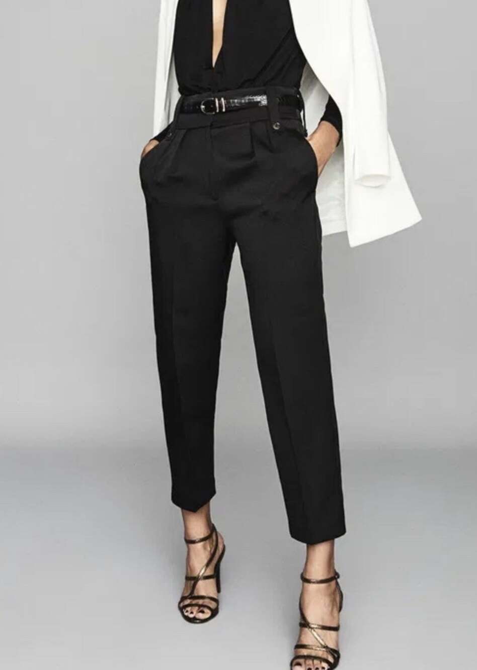 Reiss NWT Lenox Black High Rise Wide Leg Crop Wide Waistband Relax Fit US Sz 12